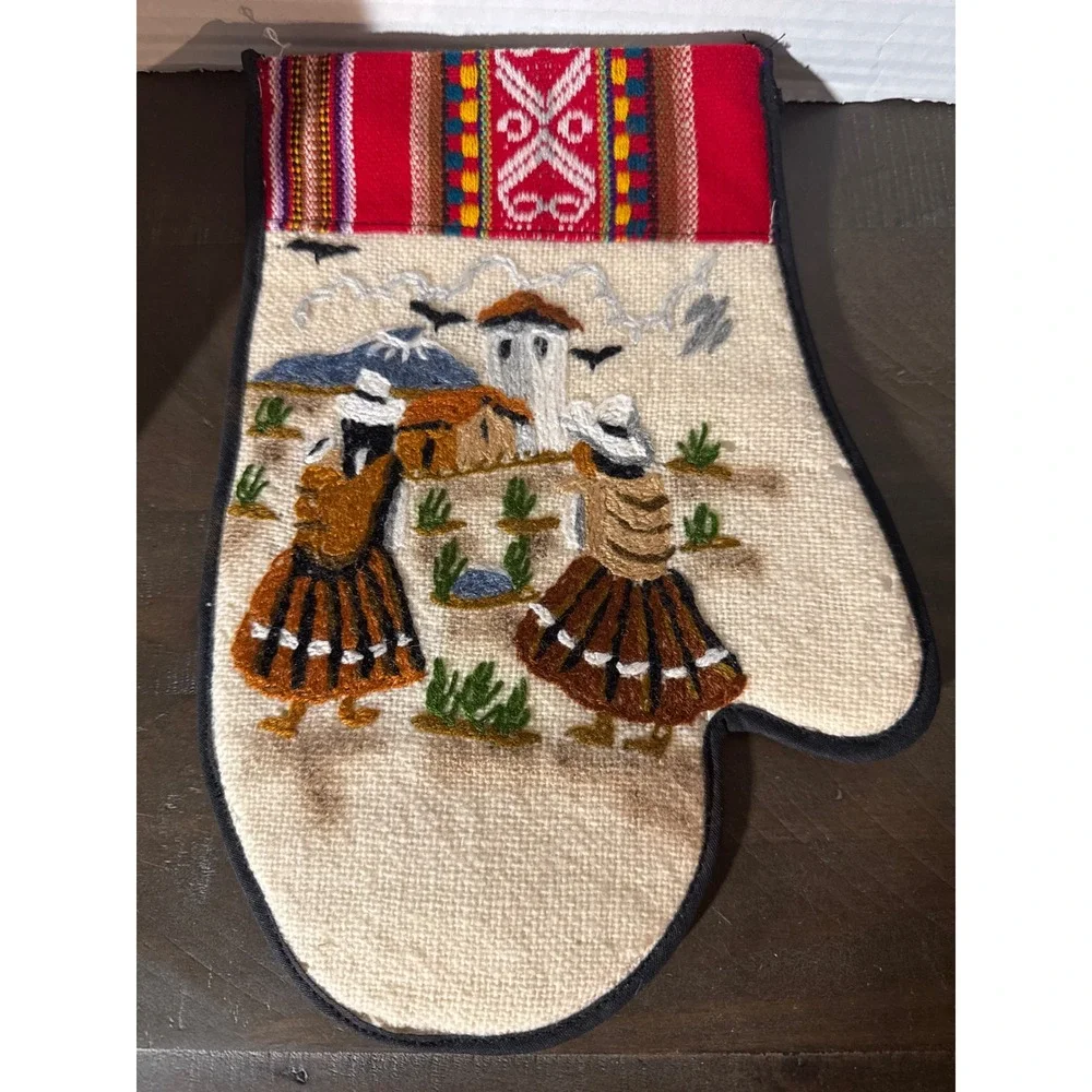 Hand Embroidered Arpillera Folk Art Oven Mitt Andean Village Scene Boho Decor